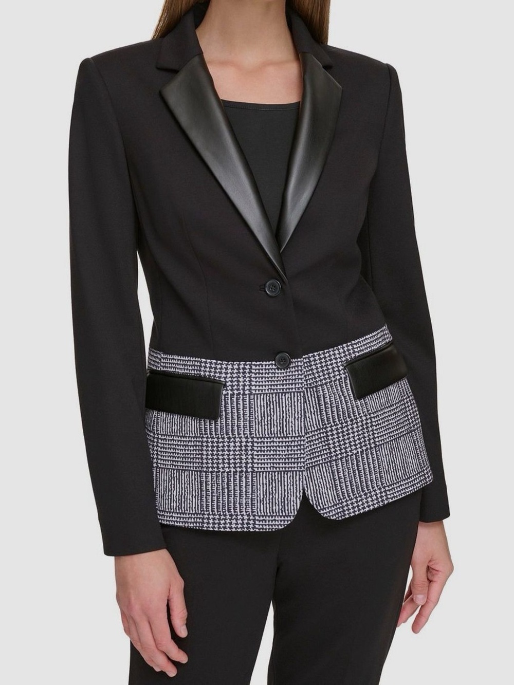 DKNY Black Faux Leather Trim Blazer